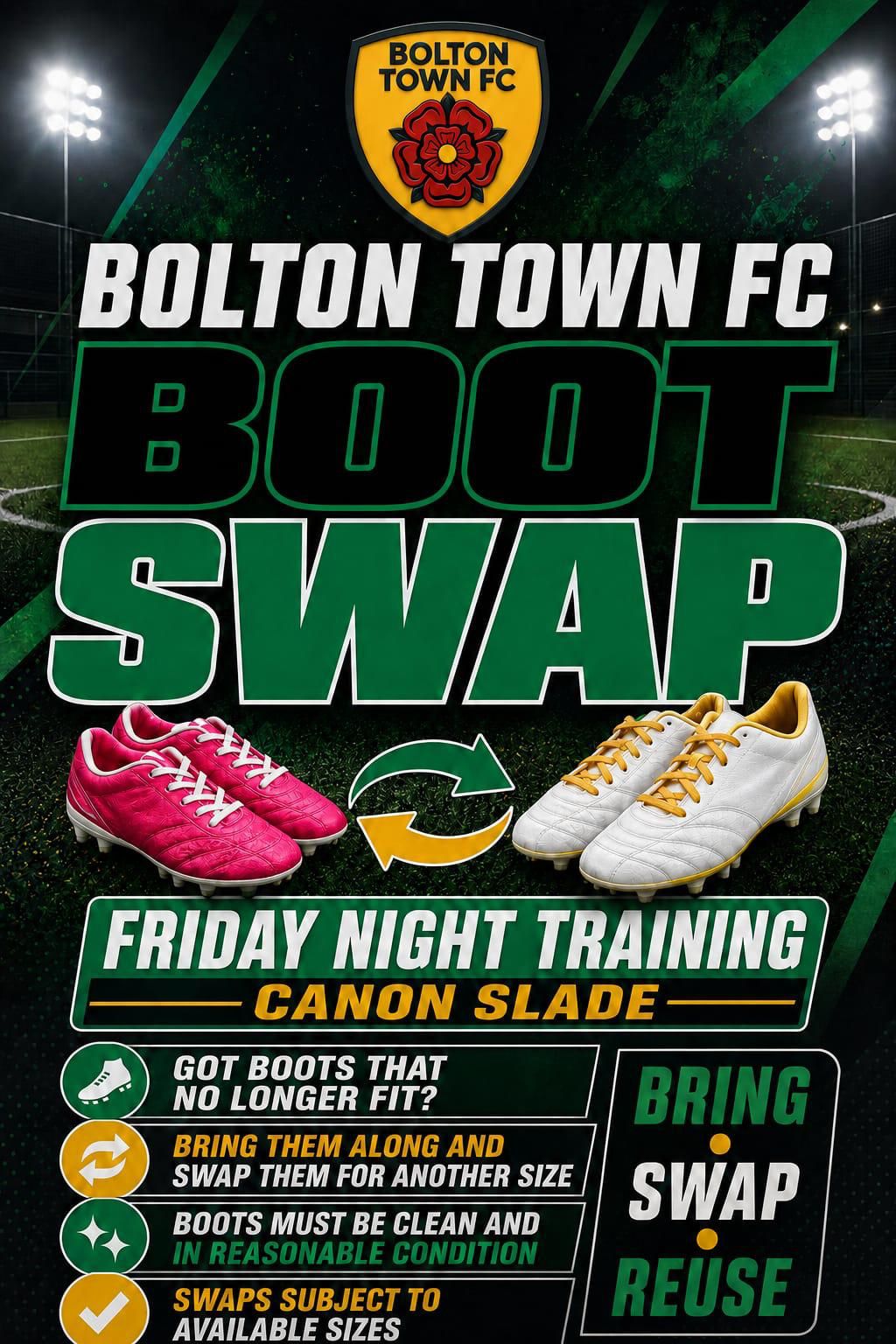 Bolton Town FC Boot Swap poster for Friday-night training at Canon Slade