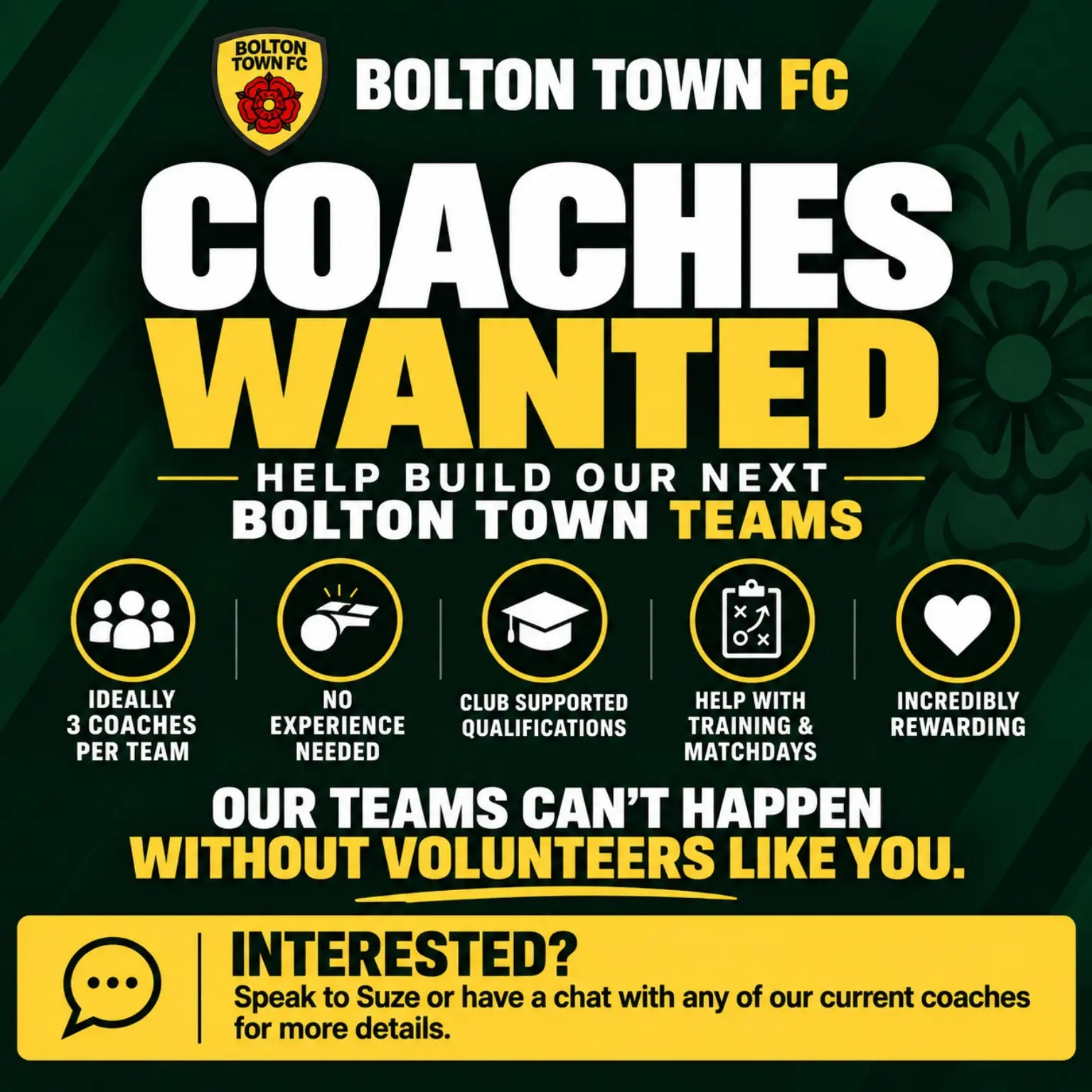 Bolton Town FC Coaches Wanted poster inviting volunteers to help with training and matchdays