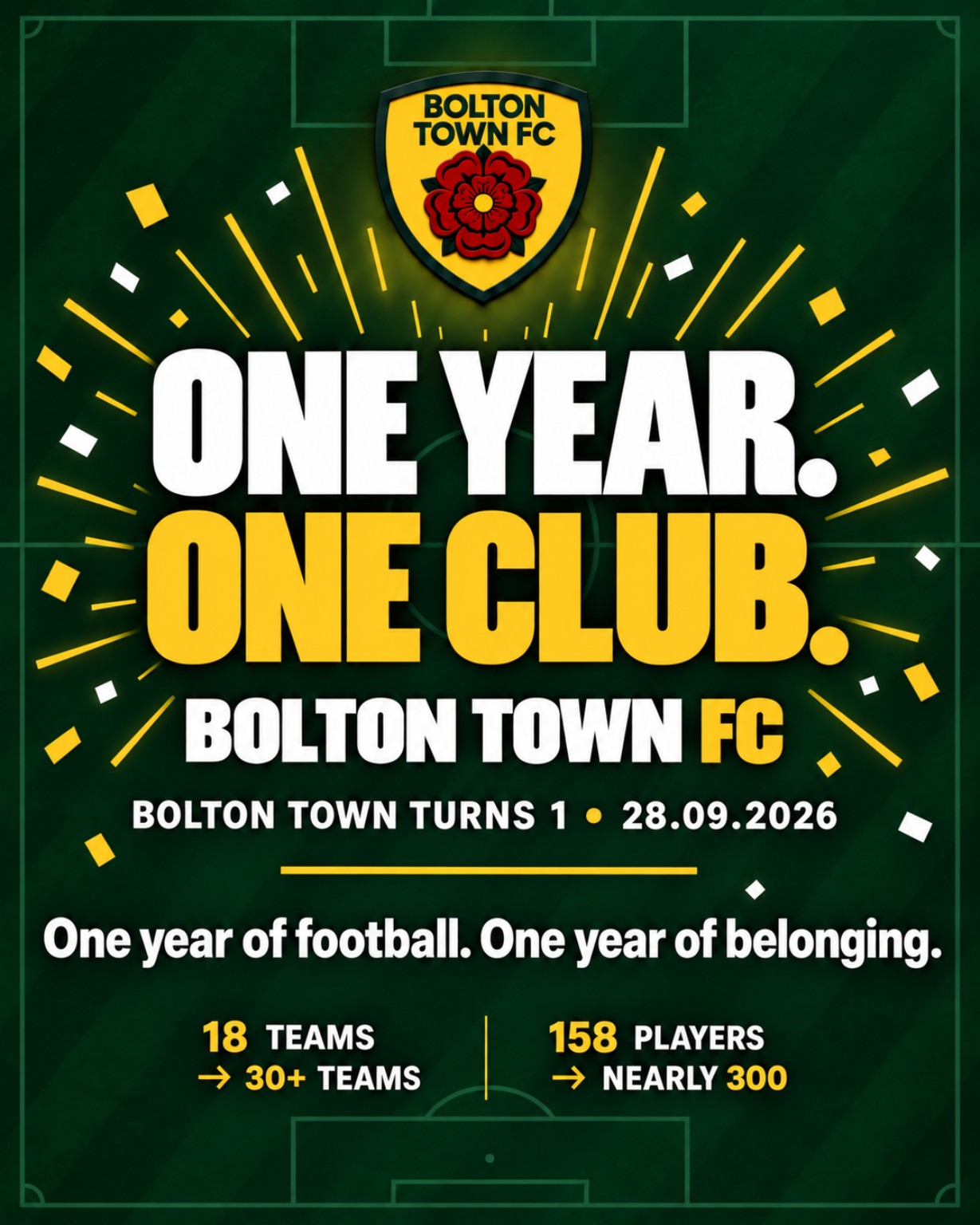 Bolton Town FC first birthday celebration artwork marking one year of football and belonging