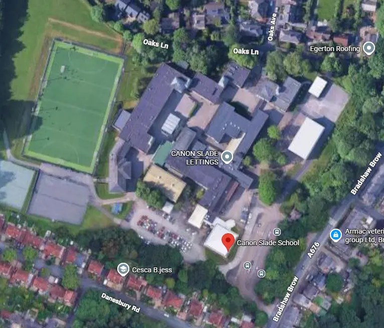 Aerial view of Canon Slade School showing the Astro behind the school