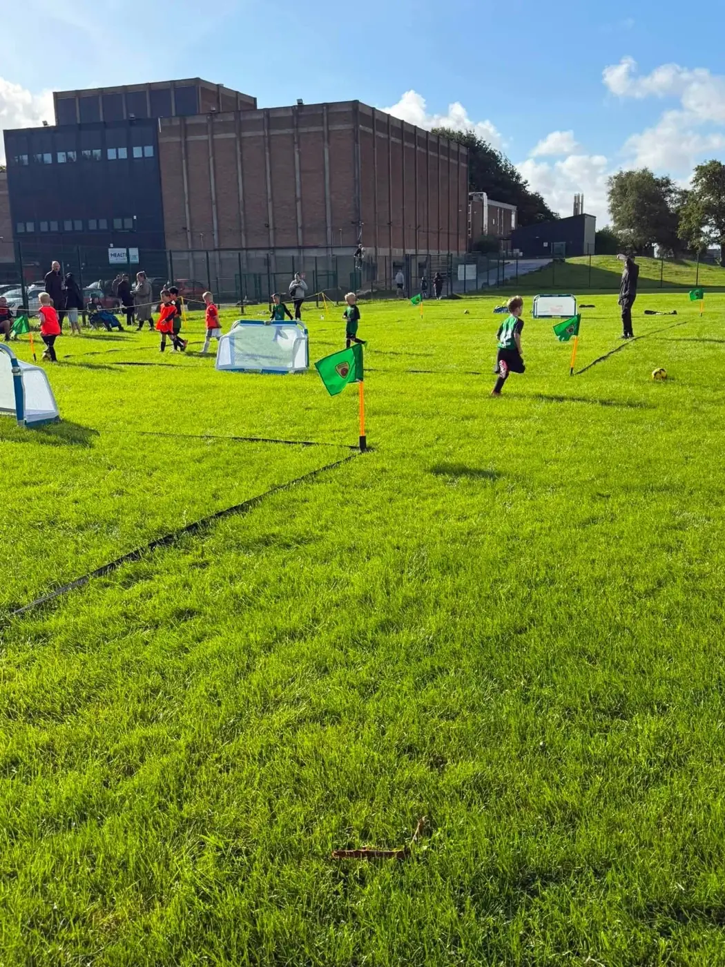 Real 3-a-side grass pitch setup at Sharples using seatbelt-style 3v3 marker tape, small corner flags with metal grass spikes and foldaway Bazooka goals