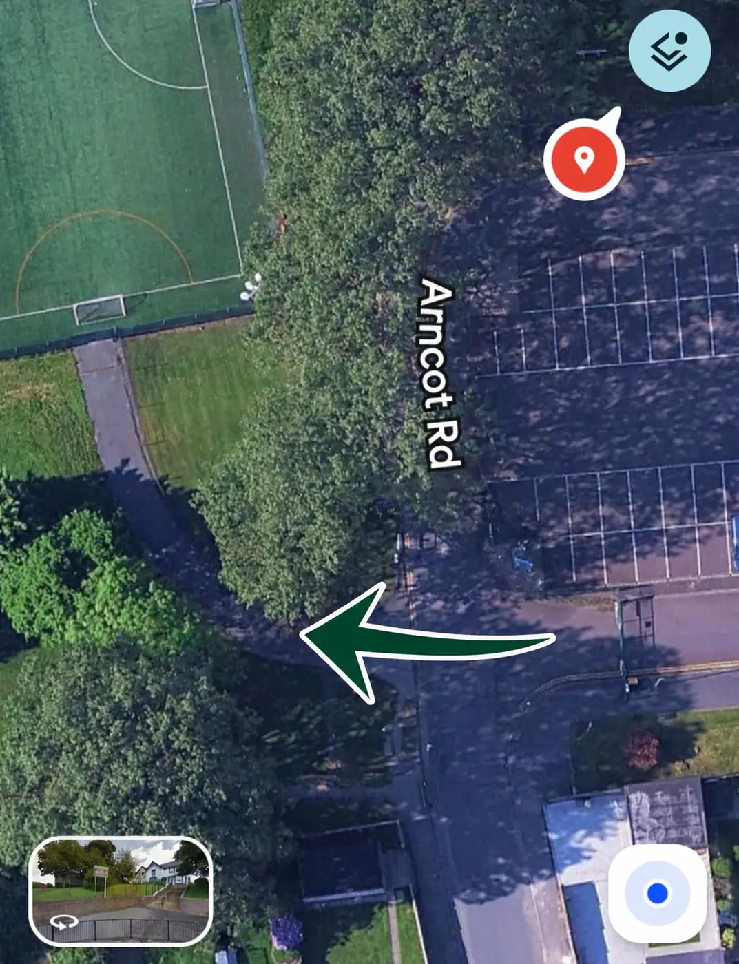 Aerial map showing the lower Astro emergency access gate from Arnott Road