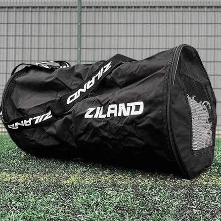 Black labelled holdall used to store two sets of football goal netting