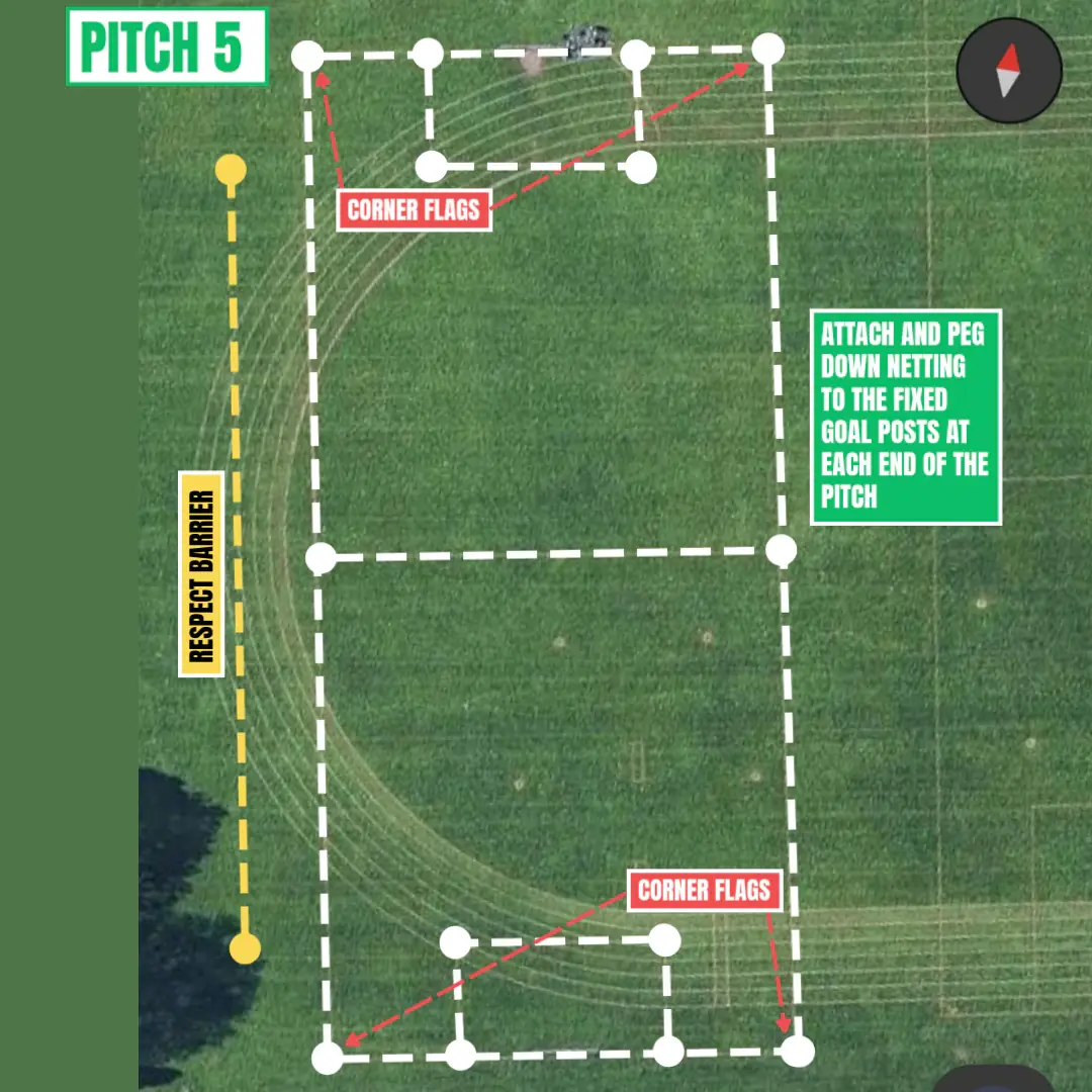 Sharples Pitch 5 9v9 setup showing corner flags, Respect barrier and fixed goalposts with netting to be attached and pegged down