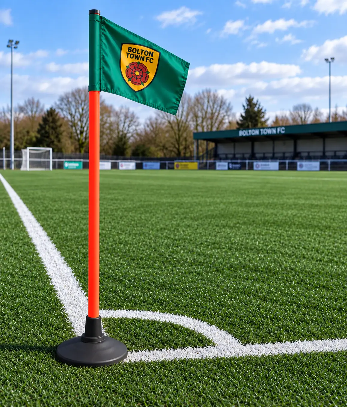 Full-size Bolton Town corner flag with rubber base on astro turf