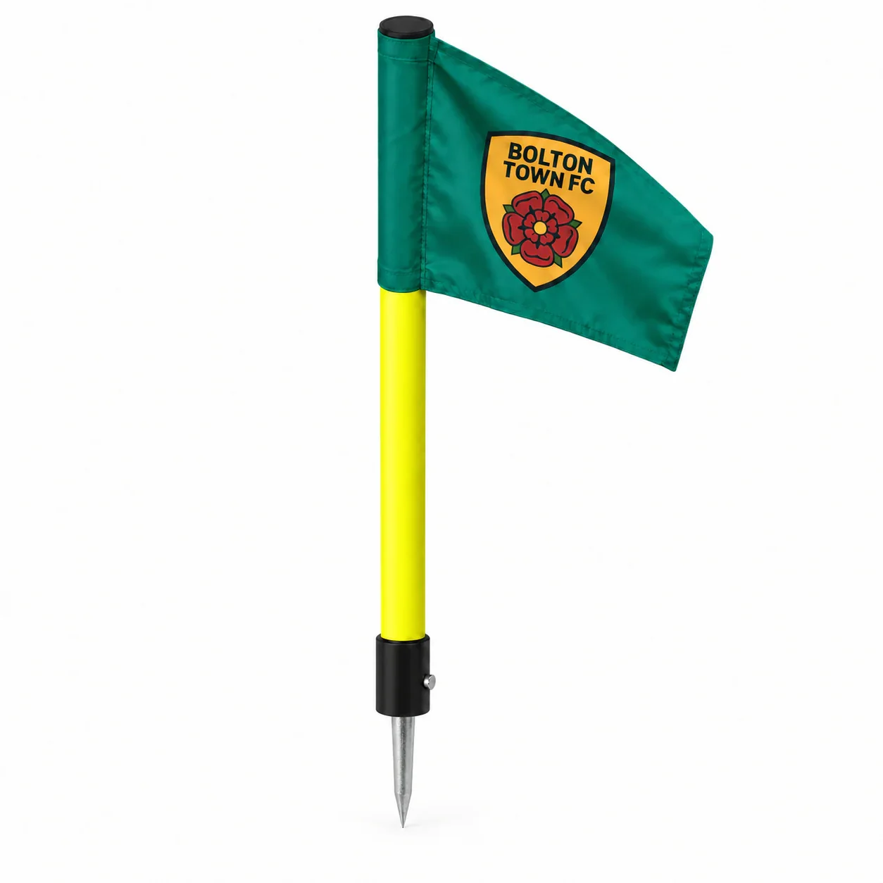 Small Bolton Town corner flag with a smaller, thinner metal ground spike for 3v3 grass