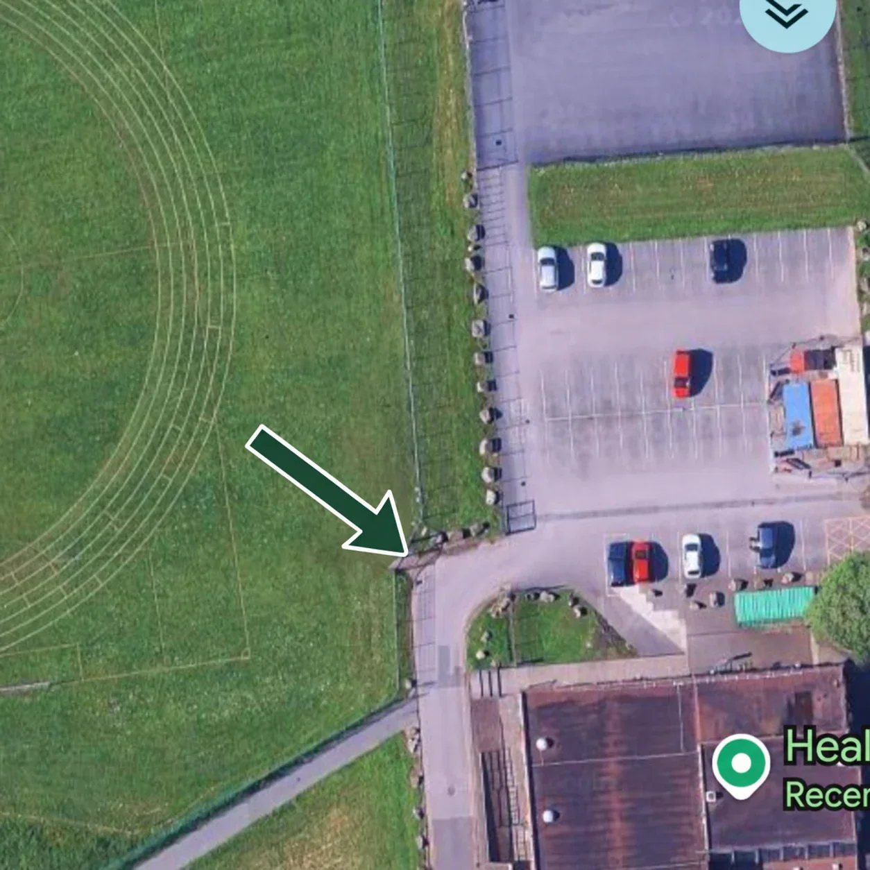 Aerial map showing the main grass-pitch emergency entrance