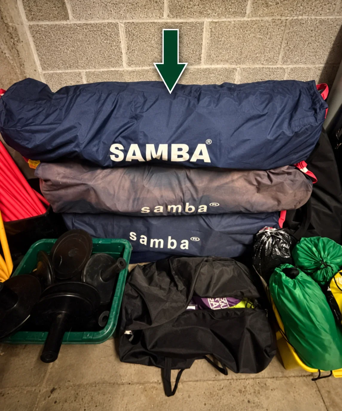 Stacked Samba bags containing the 5-a-side and 7-a-side goals