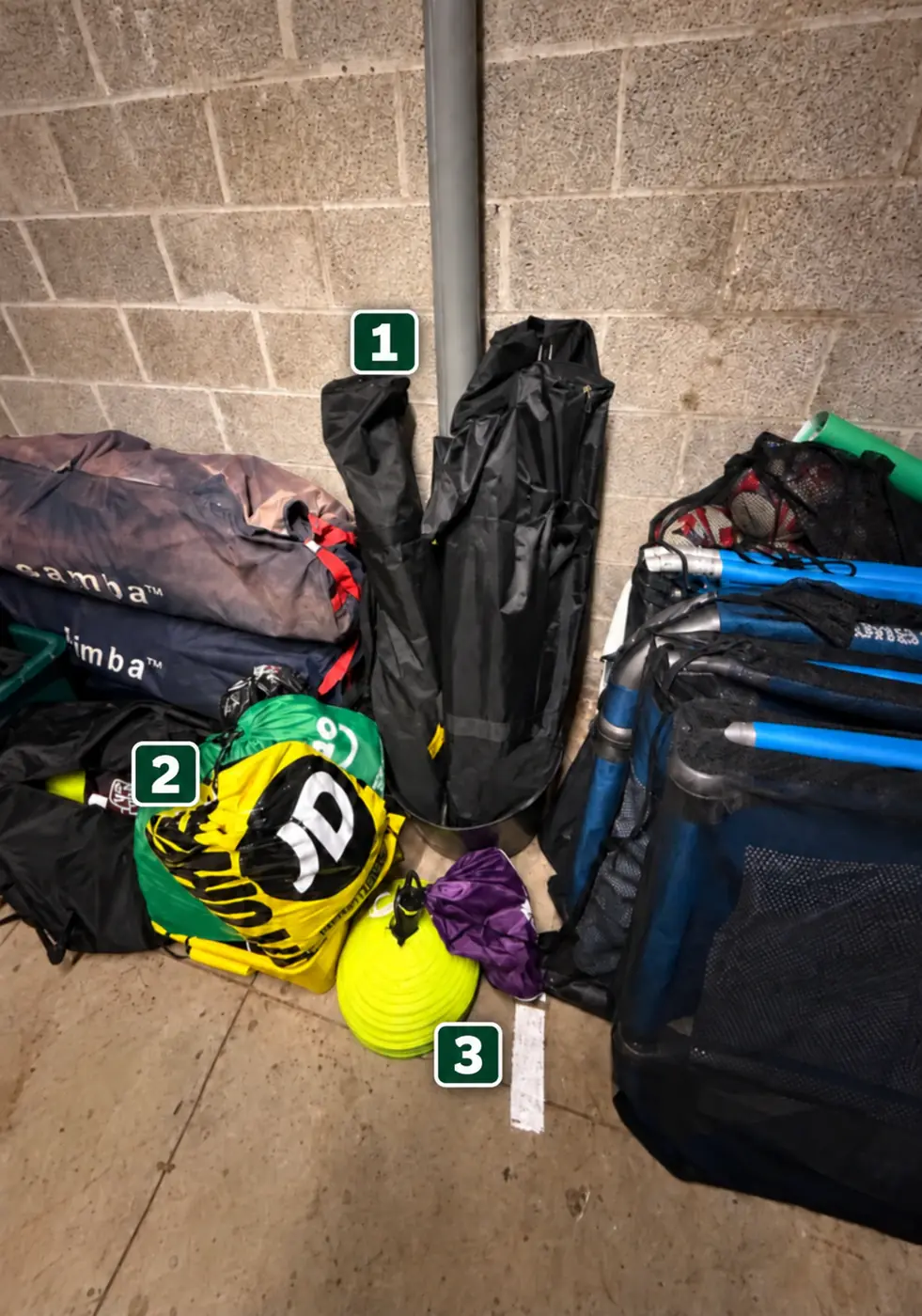 Storeroom overview showing grass Respect barriers, 3v3 pitch markers and Astro cones with their purple bag