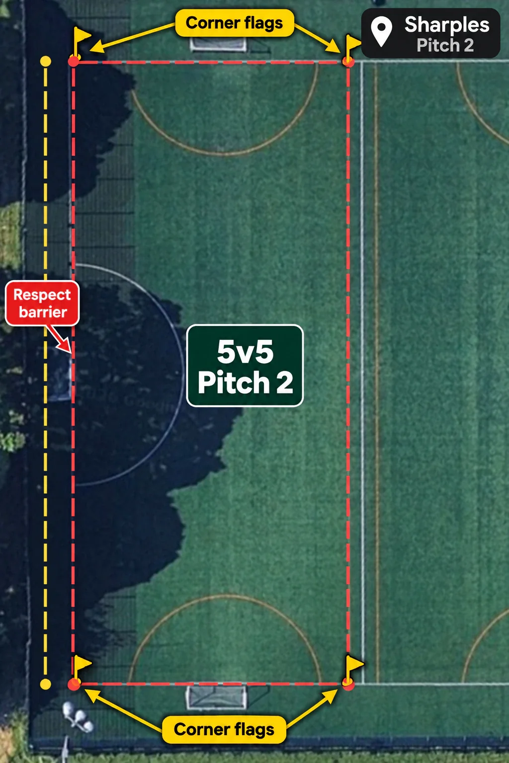 Sharples Pitch 2 5v5 astro setup showing corner flags and the Respect barrier