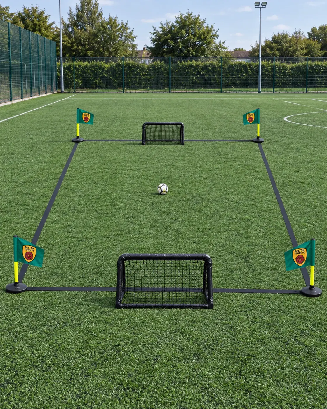 Example 3v3 mini-pitch setup using 3v3 marker tape and small Bolton Town corner flags with bases