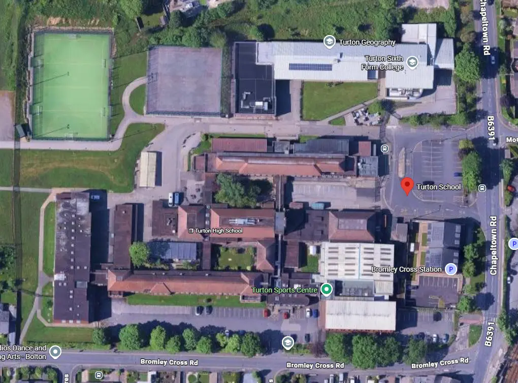 Aerial view of Turton School showing the Astro at the rear and access from Chapeltown Road